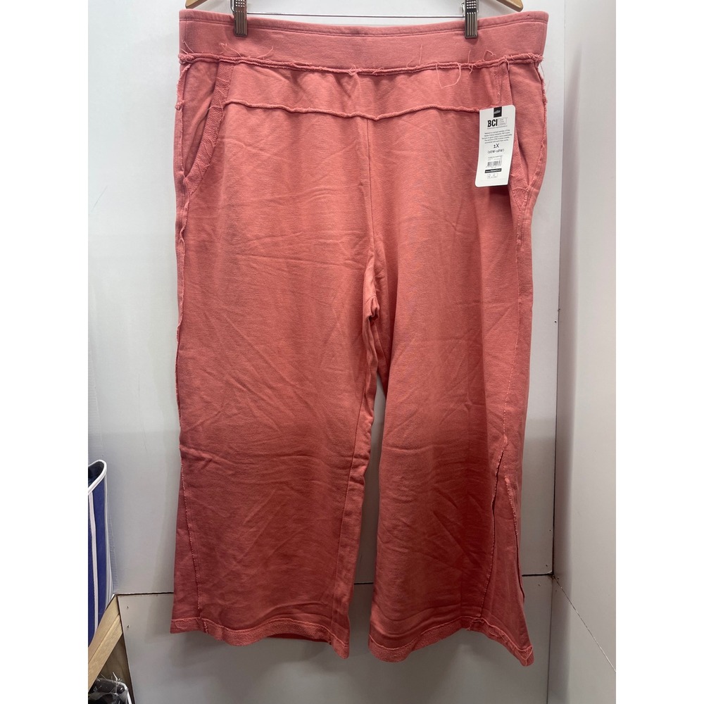 Terra & Sky Womens 1X Coral Pink French Terry Crop Wide Leg Pants NWT